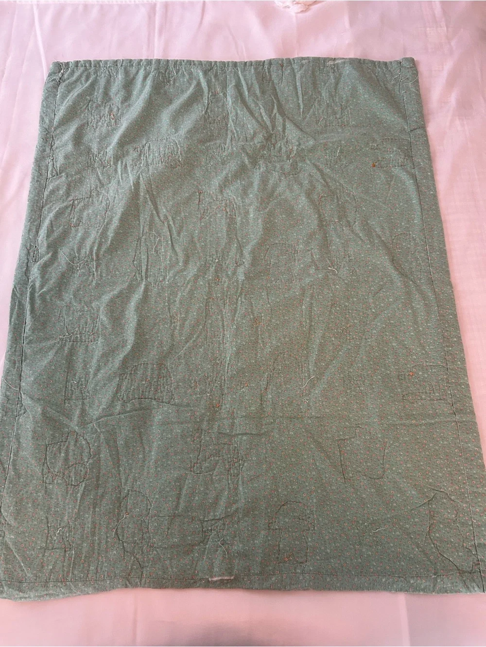 Vintage Hand Stitched Baby Quilt Blanket Mint Green Coral Baby Doll Animals